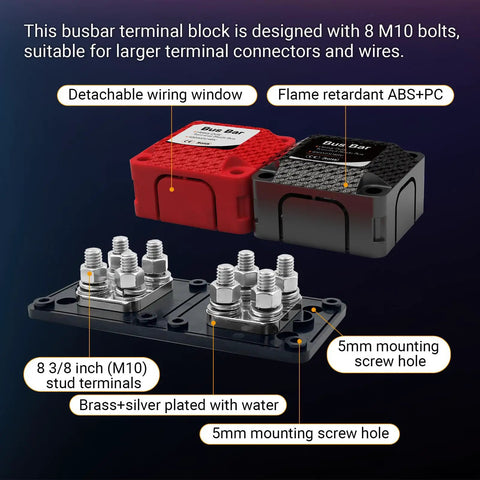 Built Different Heavy Hitter 450A 48V DC Bus Bar Terminal Block 2 Pack features M10 studs and detachable wiring window.