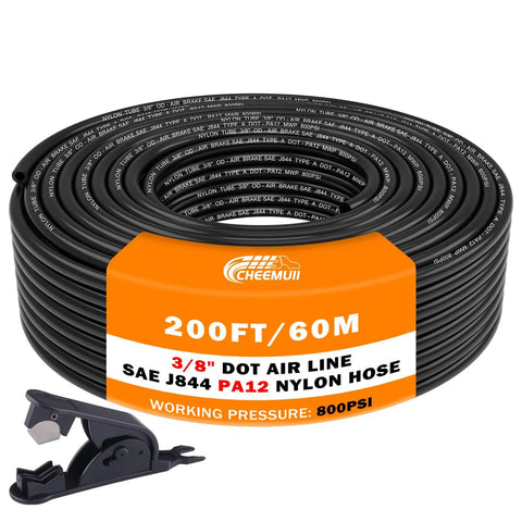 Three Eighths Inch PA12 Nylon DOT Air Line Pneumatic Tubing Two Hundred Feet SAE J844 High Pressure Air Hose coiled with cutter