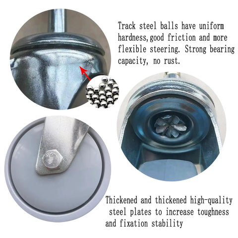 Heavy Duty Four Inch Swivel Caster Wheels With Non Marking Rubber Tires And 7/16 Inch Threaded Stems detailed view of steel ball and mounting plate.