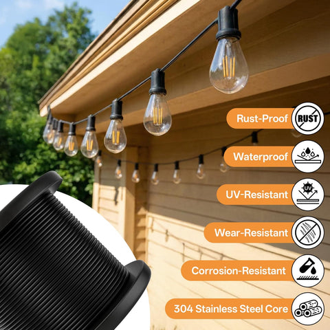 Black Vinyl Coated Cable, 304 Stainless Steel Wire Rope 1/16 In Overmolded To 3/32 In with string lights outdoors