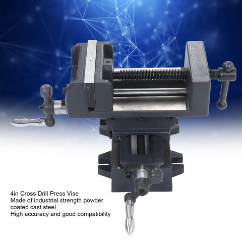 Heavy Duty 4 Inch Slide Drill Press Vise Crafted From Durable Cast Steel With Smooth Handwheels at a slightly angled view.