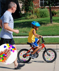 Child riding bike with Colorful 315 Piece Bike Wheel Spoke Beads Kit With Star Heart And Sphere Shapes Clip On Decorations For Kids Bicycles