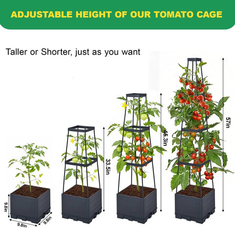 Two Pack Raised Garden Bed With Tomato Cages And Trellis, 57 Inch Self Watering Planter Box with adjustable trellis heights.