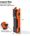 Foldable Handheld Work Light With 500 Lumen LED USB C Rechargeable in orange and black, compact, with dimensions 5.38x1.55 inches.