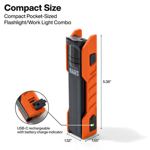 Foldable Handheld Work Light With 500 Lumen LED USB C Rechargeable in orange and black, compact, with dimensions 5.38x1.55 inches.