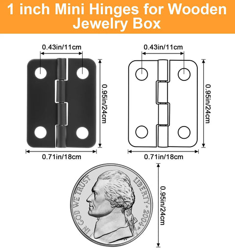 Mini Stainless Steel Hinge Set For Dyb Crafts with size comparison to a nickel