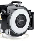 Wall-mounted retractable garden hose reel 100ft with brass fittings, heavy-duty design, auto rewind for outdoor watering use