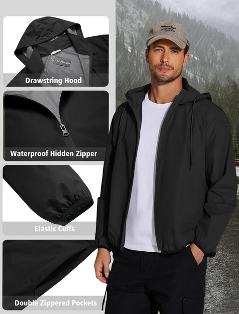 Mens Hooded Packable Rain Jacket Waterproof Breathable Windbreaker For Travel Golf And Hiking Ultralight Rain Gear Black Large