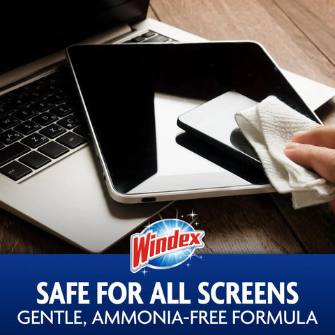 Hand using a wipe on a tablet screen, Electronic Cleaning Wipes for Screens and Gadgets, Pre-Moistened, Resealable Pack, 25 Count