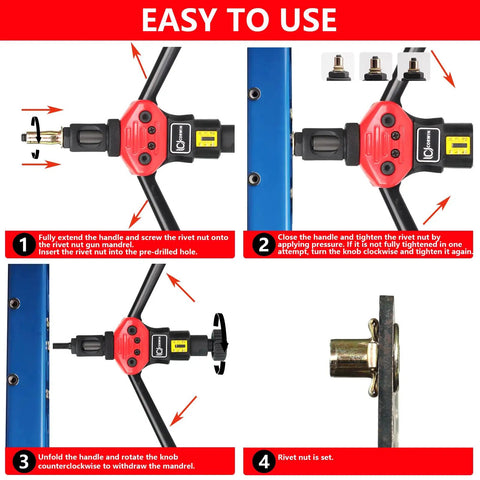 Instructional diagram using Extra Long Mandrel Rivet Nut Tool Kit With 16 Inch Rivnut Gun, Nine Long Mandrels