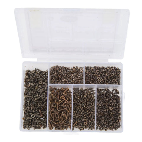 1200 Piece Woodworking Screws Kit M2 M5 Self Tapping Cross Countersunk Set With Assorted Sizes for DIY Projects visible in box compartments