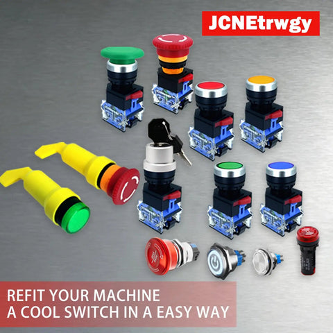 Assorted industrial push button switches including Green 22mm Mushroom Head Momentary Push Button Switch With 1NO 1NC Silver Contacts
