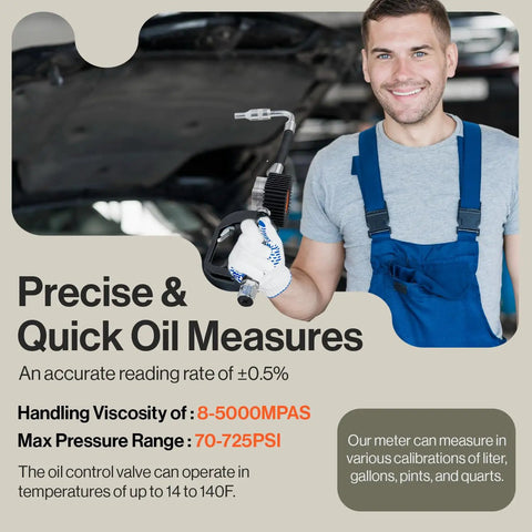 Smiling mechanic holding Digital Oil Control Valve Flow Meter Dispenser Nozzle for Heavy Duty Pneumatic System with hose attached