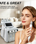 Woman using 7 In 1 Facial Care Machine With Oxygen Boost For Deep Cleansing Hydration Pore Tightening Anti Aging And Spa Grade Home
