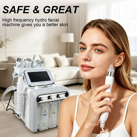 Woman using 7 In 1 Facial Care Machine With Oxygen Boost For Deep Cleansing Hydration Pore Tightening Anti Aging And Spa Grade Home