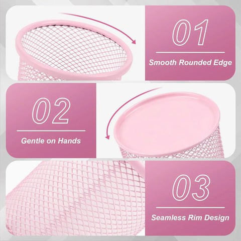 3 Pack Mesh Metal Pen Holders Set 3.5x3.8in Desk Organizer Cups For Office and Home with smooth rounded edge detail