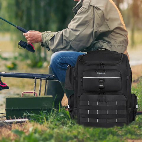 Large Fishing Backpack With Rod Holders, Waterproof 45L Tackle Box Pack beside angler fishing by the river.