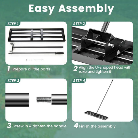 Assembly instructions for Heavy Duty Lawn Leveling Rake With 67 Inch Long Ergonomic Handle, 42 By 10 Inch Landscape Rake, step by step.
