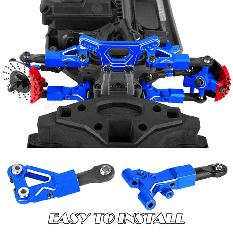 Alloy Upgrade Kit For 1 tenth Scale 4TEC Drift Ford Mustang RC Car showing navy blue CNC suspension upgrades