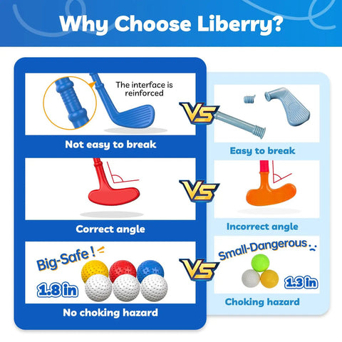 Comparison of Liberry toddler golf set features with focus on durability, safety, and design; highlighting reinforced plastic clubs and safe golf balls.