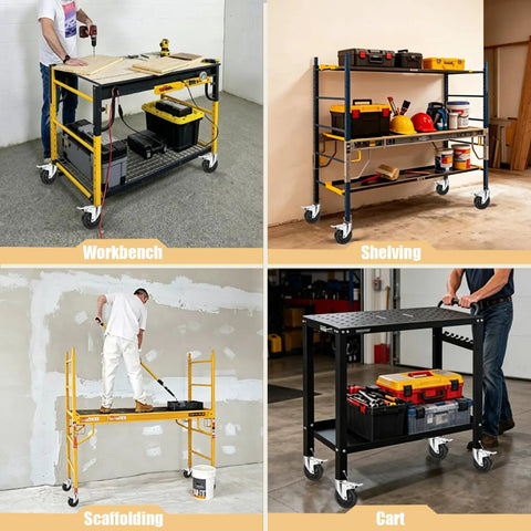 Set Of Four Five Inch Scaffolding Caster Wheels Smooth Rolling Elastic Rubber Tires on mobile workbench and shelving.