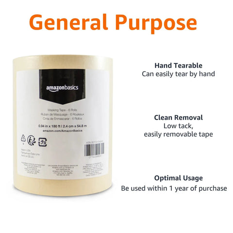 Beige Masking Tape Pack With 0.94 Inch Width And 180 Feet Length Six Rolls Of Light Duty Crepe Tape shown with packaging details