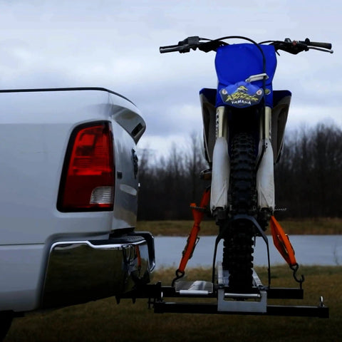 Motorcycle Hitch Carrier with Wheel Chock and Loading Ramp, Beefy Aluminum Build, 400 lb Capacity, Anti-Rattle Design, Fits 2 Inch Receiver
