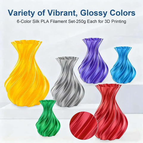 Silk PLA 3D Printer Filament Bundle, 6 Color Set In Gold Silver Red Green Blue Purple, High Gloss Finish vases display