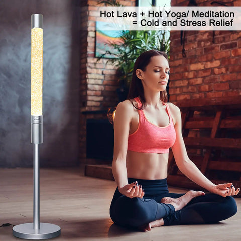 Giant 50 Inch Crystal Pillar Lava Lamp With Glitter Sparkle Lit Glow Yoga And Meditation Lamp Prime Anniversary Wedding Engagement Birthday Christmas Gift For Her Women Mom Girlfriend Wife Grandma in a living room setting with a woman meditating.