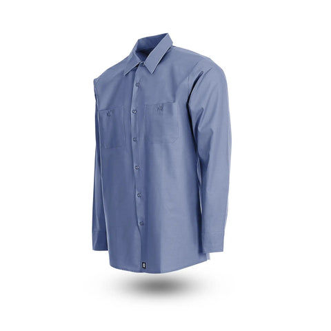 Top Shelf Mens Long Sleeve Industrial Work Shirt In Deep Gulf Blue crafted from a heavy duty poly cotton poplin blend.