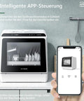 Compact Mini Wifi Smart Countertop Dishwasher With 5L Built In Water Tank And Six Wash Programs, showing app control interface.