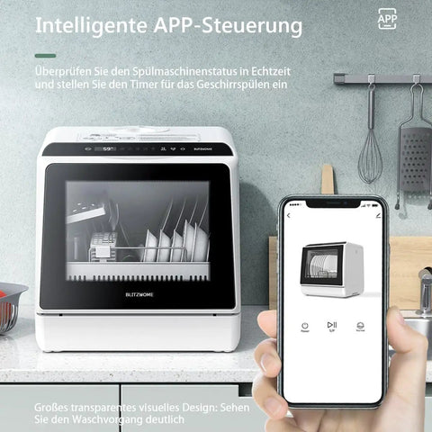 Compact Mini Wifi Smart Countertop Dishwasher With 5L Built In Water Tank And Six Wash Programs, showing app control interface.