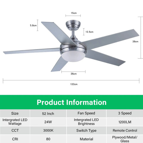 52 Inch Ceiling Fan With Lights Dope Modern Brushed Nickel Indoor Fan Remote Control 5 Reversible Blades, dimensions shown