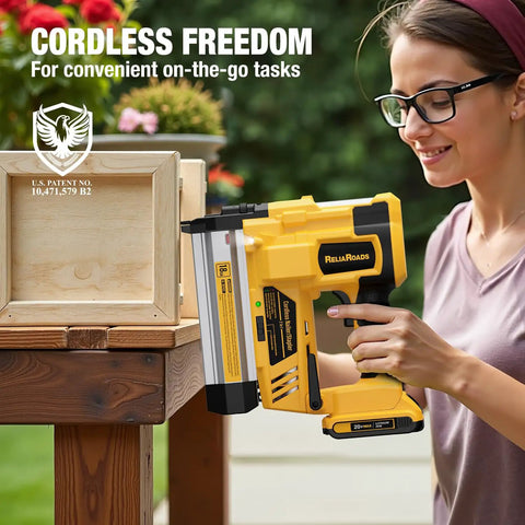 Pro Gear Cordless Brad Nailer 18 Gauge Two Inch Electric Nail Gun And Stapler Kit compatible with Dewalt 20V batteries in use.