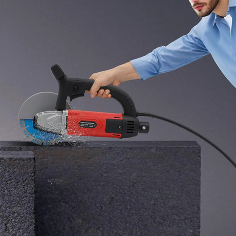 Super Tough 3000W Corded Electric Concrete Saw With Integrated Water Pump And Blazing 7000 RPM Motor cutting through dark masonry.