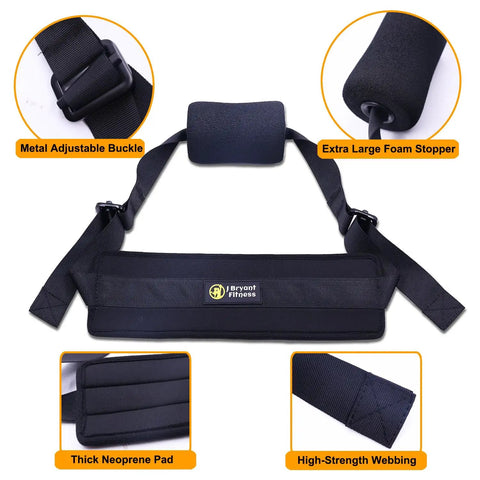 Nordic Hamstring Curl Strap with adjustable length, oversized foam stopper, and neoprene padding for home gym workouts.