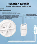 Function details of Portable Mini Ultrasonic Washing Machine For Everyday Laundry And Kitchen Prep with mode options.