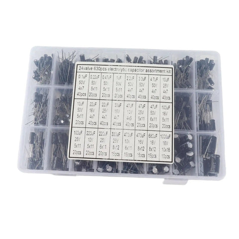 Must-Have 630Pcs Aluminum Electrolytic Capacitor Kit With 24 Values And High Precision For Repairs in organized storage box.