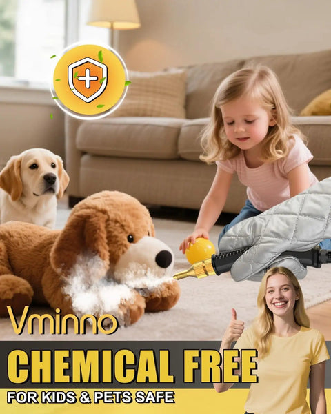 Get That Shine Heavy Duty Handheld Steam Cleaner 1500W With 1.2L Tank For Fast Heating and Continuous Cleaning, child playing near pet.