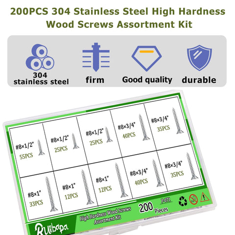 200 Piece Stainless Steel Wood And Sheet Metal Screws Set With Three Sizes Eight By One Half Inch Eight By Three Quarters Inch And Eight By One Inch Phillips Flat Head Drive For Wood Gypsum Board Plastic DIY Projects