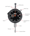 Front view of Fowler 52-520-199-0 dial indicator with magnetic base, black dial, orange hands.