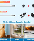 Heavy Duty Door Security Bar Adjustable Up To 47 Inches Sliding Door Lock Stick Burglar Protection Withstanding 400 Lbs Force for Home Apartment Hotel Ideal For Women Seniors Kids And Pets 1 Piece shown installed on various doors and windows in a 3-in-1 setup for home security.