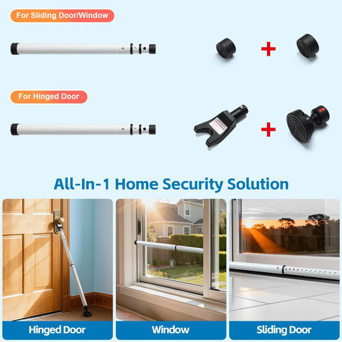 Heavy Duty Door Security Bar Adjustable Up To 47 Inches Sliding Door Lock Stick Burglar Protection Withstanding 400 Lbs Force for Home Apartment Hotel Ideal For Women Seniors Kids And Pets 1 Piece shown installed on various doors and windows in a 3-in-1 setup for home security.