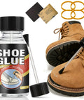 Beast Mode Heavy Duty Shoe Glue for Sole Repair Quick Dry Waterproof Adhesive bottle next to brown leather boot and sanding pads.