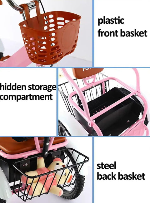 Outdoor Cruiser Tricycle With Pedals Three Wheel Trike showing plastic front basket and steel back basket storage compartments.