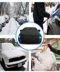 Waterproof All Weather Car Cover For Sedans And Outdoor Use Heavy Duty Full Exterior Shield For Rain Or Shine featured in winter conditions.