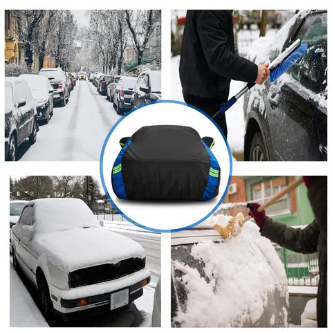 Waterproof All Weather Car Cover For Sedans And Outdoor Use Heavy Duty Full Exterior Shield For Rain Or Shine featured in winter conditions.