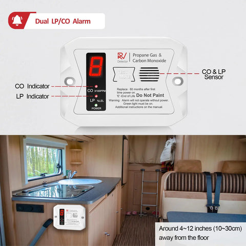 RV Dual CO And Propane Alarm Hardwired 12V DC Detector installed in motorhome kitchen area.