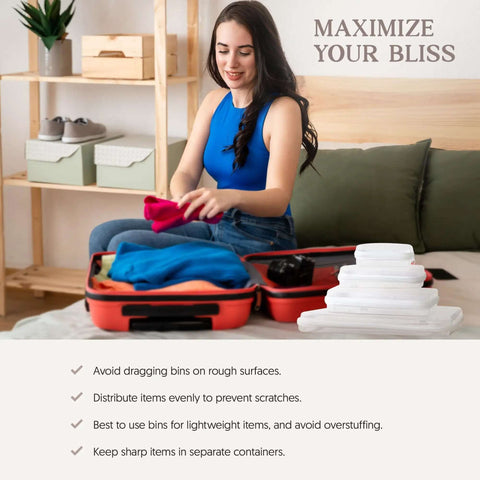 Woman packing a red suitcase with colorful clothes, showcasing Top Shelf Hard Sided Clear Zipper Boxes For Quick Storage And Road Trips.
