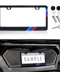 Matte Aluminum Alloy License Plate Frame Kit For BMW Front And Rear Mount with sports logo, hardware, and car installation